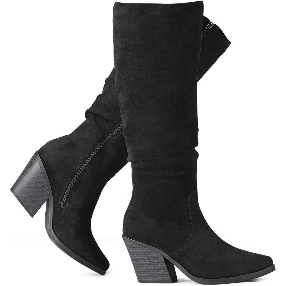 Women's Black Faux Suede Chunky Heel Boots Side Zipper Slouchy Knee High Boots
